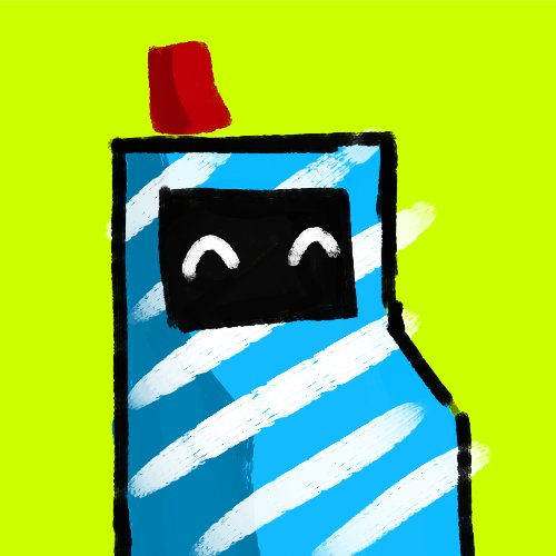 A simple digital drawing of a blue spray bottle character with a happy face on a screen and a red nozzle, set against a bright yellow-green background.