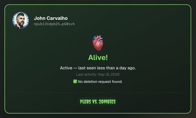 A digital status card showing 'John Carvalho' with an Ethereum-style address 'npub13ndpm2h...p60svh', a beating heart emoji, the text 'Alive! Active — last seen less than a day ago. Last activity: Sep 18, 2026', 'No deletion request found.', and the footer 'PLEBS VS. ZOMBIES'.