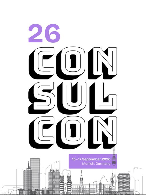 Poster for 'CONSULCON 26' taking place 15-17 September 2026 in Munich, Germany, featuring stylized text and a line-art cityscape.