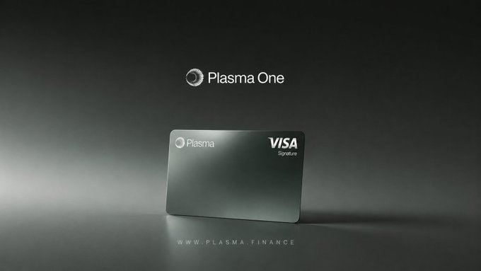 A sleek dark Visa Signature card branded with the Plasma One logo sits against a gradient black background, with the Plasma One emblem and website "WWW.PLASMA.FINANCE" displayed above and below. The premium, minimalist card design visually reinforces the product's positioning as a sophisticated stablecoin payment account offering XPL rewards and Aave yield.