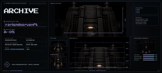 A sci-fi styled interface titled 'ARCHIVE' displays design schematics and blueprints for 'RUNE BAR CONSTRUCTION', featuring elevation views, top views, and structural integrity metrics.