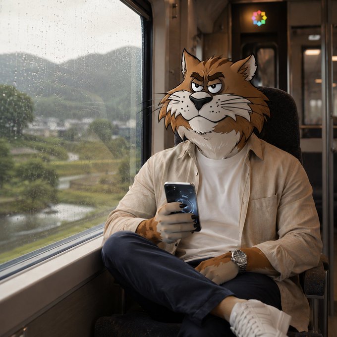 An anthropomorphic tiger in casual attire sits on a train, absorbed in his smartphone, while raindrops streak the window beside him overlooking misty countryside—an image that visually echoes the post's message about seamless, everyday technology use, much like how the tiger naturally engages with his device without it demanding attention.