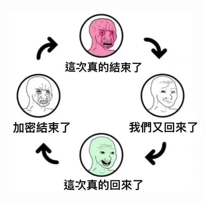 A circular meme diagram featuring four Wojak-style faces connected by arrows in Chinese text reading '這次真的結束了', '加密結束了', '我們又回來了', and '這次真的回來了', depicting a cycle of emotional stages.