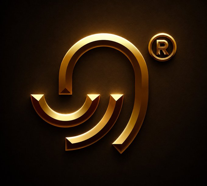 A glowing gold 3D logo featuring a stylized headphone or curved design with a registered trademark "R" symbol on a dark background.