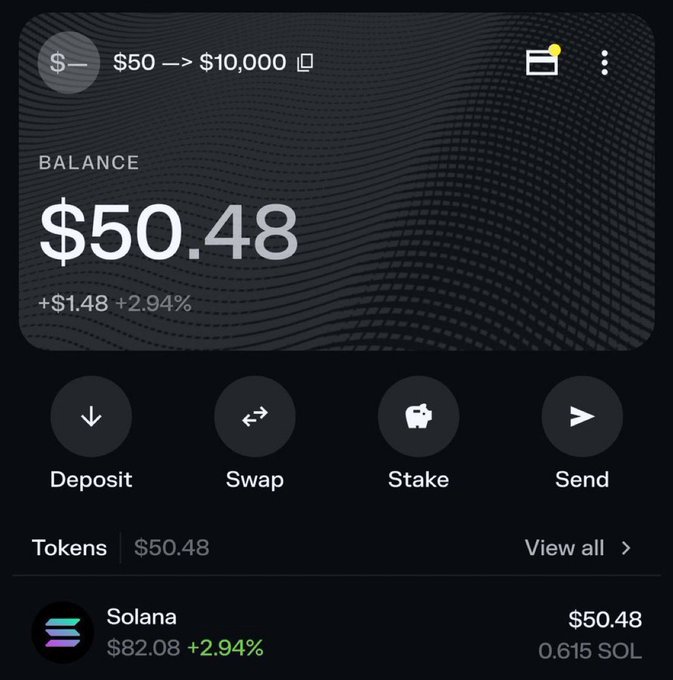 !"As promised, today I'm starting a $50 balance challenge. Last time this took me about 7 days, but now I want to do it even faster! Everyone has an equal chance to join." The post includes a photo of a $10,000 balance, and a graphic displaying the challenge instructions for followers to complete the goal quickly by reacting to the posts with likes or RTs.