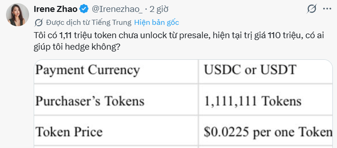The image shows a screenshot of a social media post from Irene Zhao with a list of payment options provided by a cryptocurrency exchange. The post indicates that Irene is offering her followers a chance to invest, as she has 1.11 million LAB tokens from a presale that haven't been unlocked yet, and they are currently valued at 22.2M$ or 160 M$ in a foreign currency. The post also emphasizes the importance of hedge funds for this investment opportunity.
