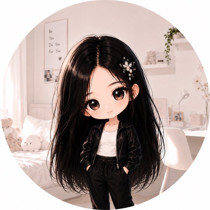A chibi-style illustration of a girl with long black hair, a flower hair clip, black jacket, and white shirt standing in a bright bedroom with a 'Be You Do You For You' poster.