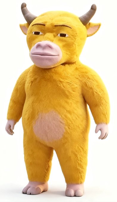 A 3D-rendered yellow furry mascot character with horns, resembling a cow or minotaur, standing against a white background.