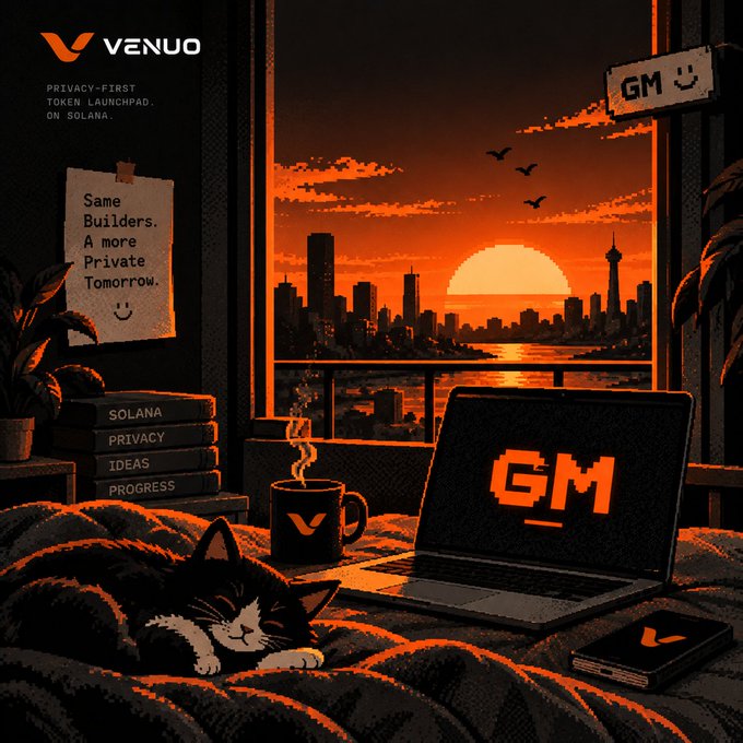 A pixel-art style promotional image for VENUO featuring a black and white cat resting beside a laptop displaying 'GM' against a sunset cityscape, with text reading 'VENUO - PRIVACY-FIRST TOKEN LAUNCHPAD ON SOLANA' and 'Same Builders. A more Private Tomorrow.'