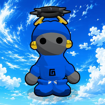 A stylized illustration of a chibi-style character in a blue ninja outfit, floating against a backdrop of a bright blue sky with fluffy white clouds.