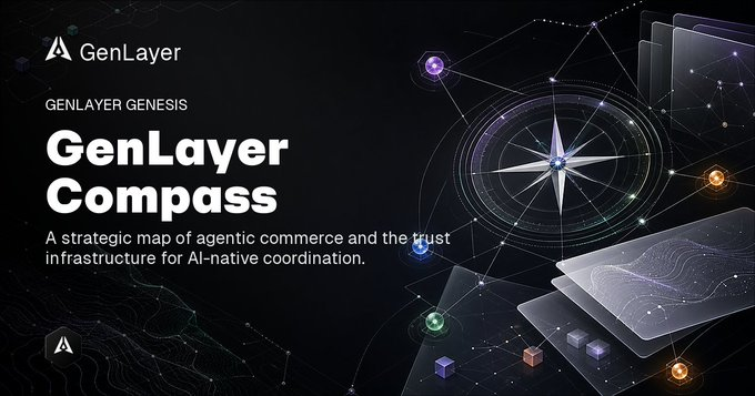 A dark, futuristic graphic promoting "GenLayer Compass," a strategic map of agentic commerce and AI-native coordination, featuring a glowing compass rose design with connecting nodes and a small "GenLayer Genesis" label. The image visually reinforces the post's theme about distinguishing between cryptographic execution and higher-level reasoning, symbolizing how GenLayer provides directional guidance beyond what raw blockchain systems can verify alone.