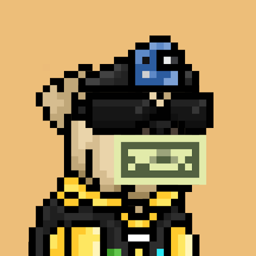 A pixel art character with a blue snail-like head, brown hat, and a dollar bill obscuring its face, set against a peach background.