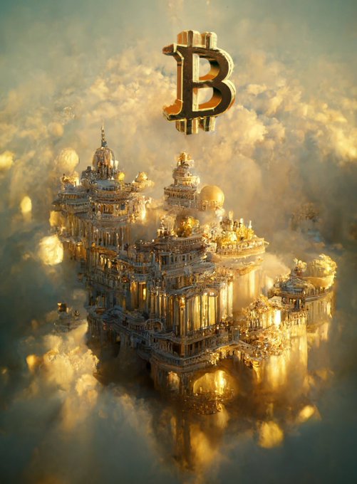 A digital artwork depicting an ornate, golden city floating in the clouds, topped with a large golden Bitcoin 'B' symbol.