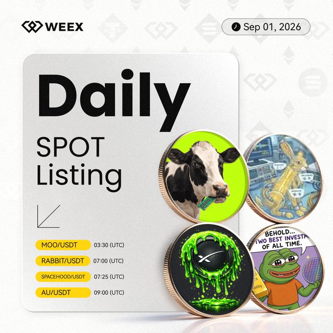 A WEEX Daily Spot Listing graphic dated Sep 01, 2026, showcasing four new cryptocurrency pairs—MOO/USDT at 03:30 UTC, RABBIT/USDT at 07:00 UTC, SPACEHOOD/USDT at 07:25 UTC, and AU/USDT at 09:00 UTC—each represented by a themed coin featuring a cow, rabbit, green slime, and a Pepe-style frog, respectively, matching the listing schedule in the accompanying post.