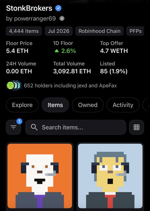 A screenshot of the StonkBrokers NFT collection page showing a floor price of 5.4 ETH, 652 holders, and pixel art character avatars from the Robinhood Chain.