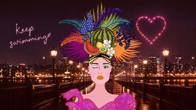 An artistic digital collage featuring a woman's face topped with an elaborate Carmen Miranda-style headdress of tropical fruits and colorful feathers, set against a nighttime city skyline with a glowing pink heart in the sky, labeled 'keep swimming'.