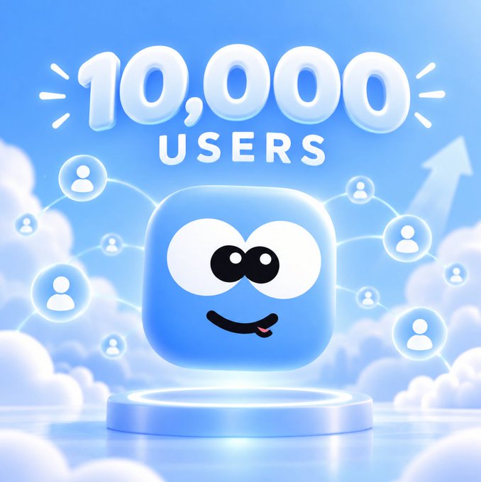 A cheerful blue square mascot with big eyes stands on a glowing podium beneath bold "10,000 USERS" text, surrounded by connected user icons, celebrating $GOMO's rapid milestone of 10,000 users within 24 hours of its token launch.