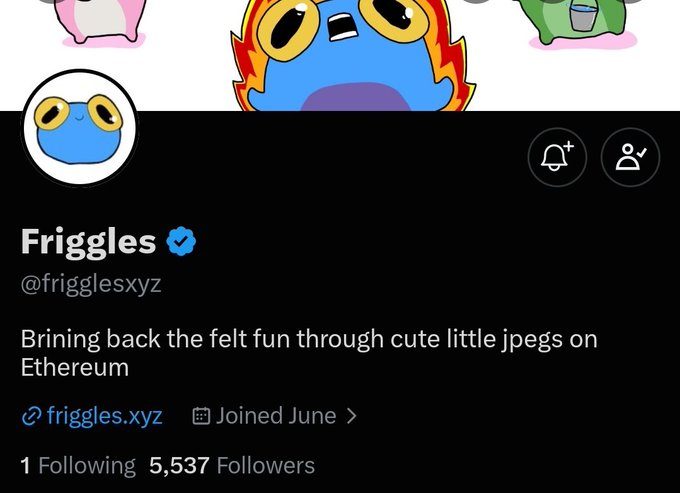 Twitter/X profile for Friggles (@frigglesxyz), described as 'Bringing back the felt fun through cute little jpegs on Ethereum' with 5,537 followers, joined in June, and linked to friggles.xyz.