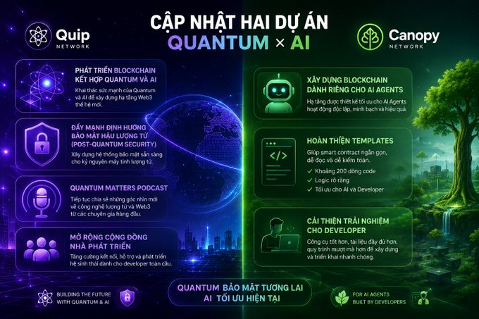 A promotional graphic titled "CẬP NHẬT HAI DỰ ÁN QUANTUM x AI" compares the Quip Network and Canopy Network projects, highlighting features like blockchain development, security, and developer templates.