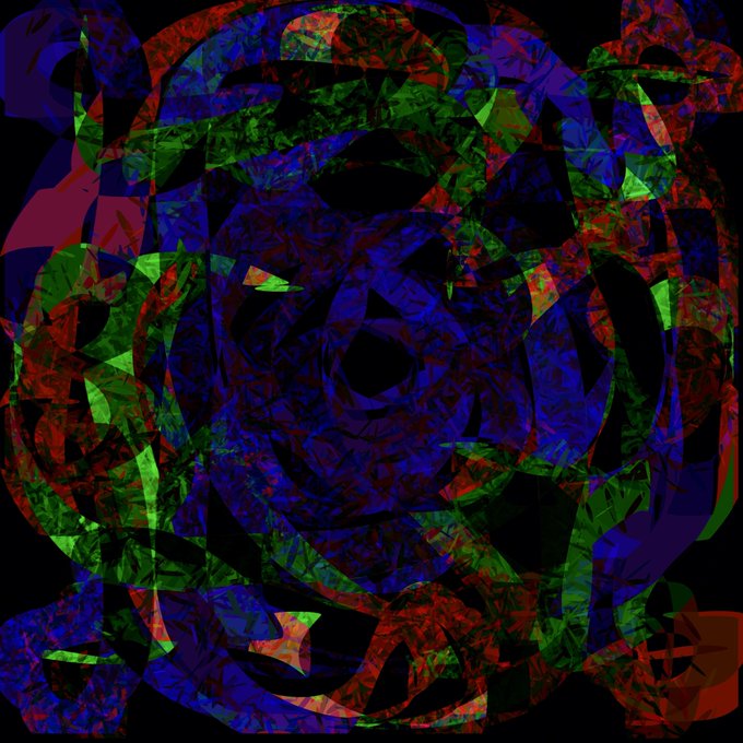 An abstract geometric pattern featuring intricate triangular shapes in dark blue, green, red, and black colors, creating a somewhat circular, mandala-like design.