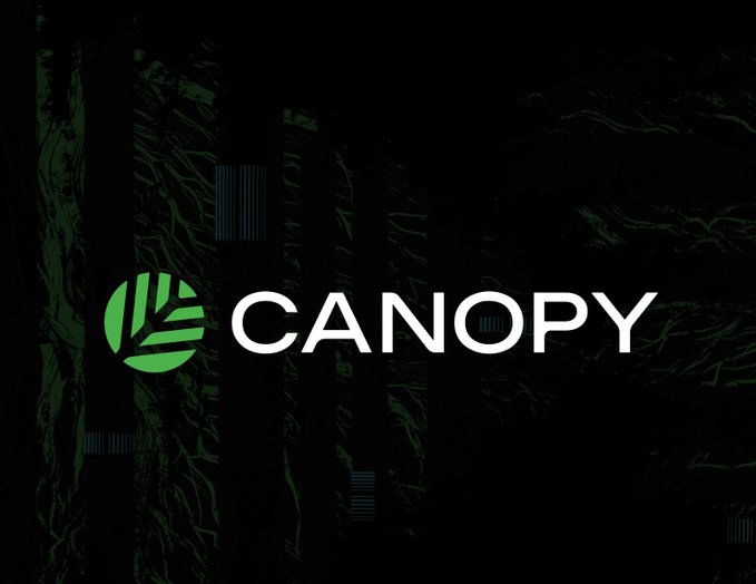A dark promotional graphic for 'CANOPY' with a green leaf logo, set against a black background with subtle forest textures.