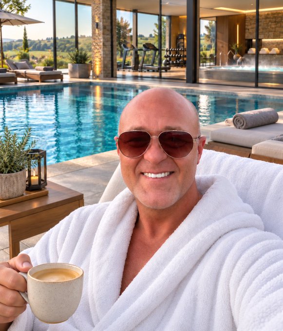 A bald man wearing aviator sunglasses and a white bathrobe smiling while holding a ceramic mug of coffee, lounging poolside at a luxurious resort with an infinity pool and gym visible in the background.