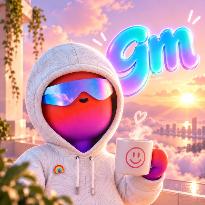 A 3D-rendered character wearing a white hoodie and reflective visor holding a mug with a smiley face, against a sunset cityscape with the text 'gm' in colorful bubble letters.