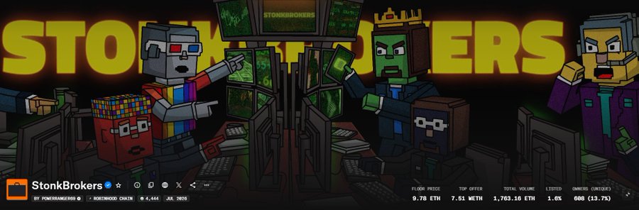 The image shows a banner for the "StonkBrokers" NFT collection, featuring pixelated Minecraft-style characters trading at computer screens, with the title "STONKBROKERS" displayed in bold yellow text. Visible stats include a floor price of 9.70 ETH, top offer of 7.51 METH, and total volume of 1,703.10 ETH (1.6% listed, 608 owners with 13.7% concentration). This relates to the post celebrating the collection's floor price climbing back to 10 ETH after a long absence, indicating a strong market recovery for StonkBrokers holders.