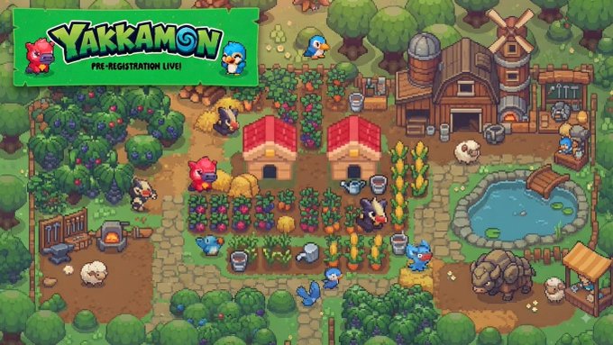 Pixel-art promotional image for 'YAKKAMON' showing a vibrant farm scene with a red and blue creature, crops, a pond, a windmill, and various animals, with a 'PRE-REGISTRATION LIVE!' badge in the corner.