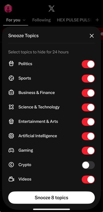 An X (Twitter) Snooze Topics menu allowing users to hide topics for 24 hours, with all categories toggled on except Crypto, and a 'Snooze 8 topics' button.