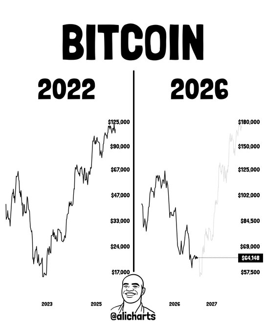 The image displays a Bitcoin price chart split between 2022 and 2026, with projected targets up to $180,000 by 2027, from current levels near $64,148 (marked "@alicharts"). It visually supports the bullish post by suggesting BTC is approaching a major breakout after its bear market lows.