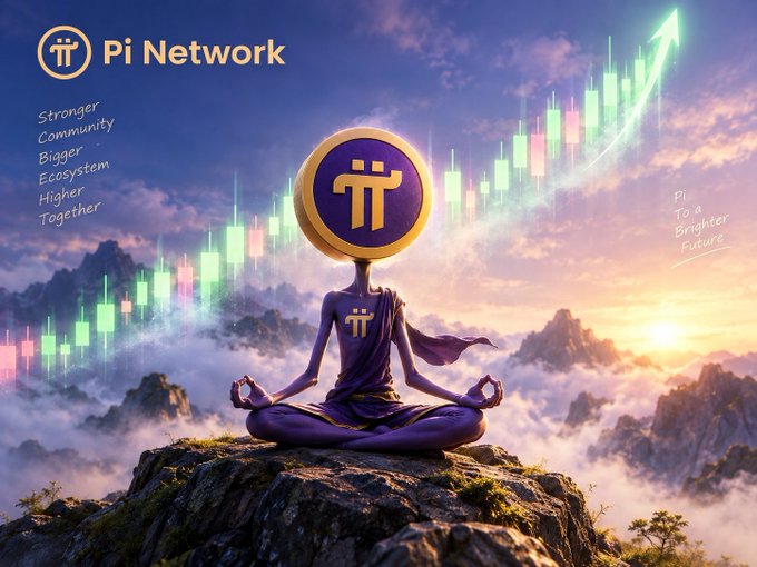Promotional graphic for Pi Network showing a meditating purple figure with a Pi symbol head sitting on a mountain peak, surrounded by a green candlestick chart arrow pointing upward, with text 'Stronger Community Bigger Ecosystem Higher Together' and 'Pi To a Brighter Future.'