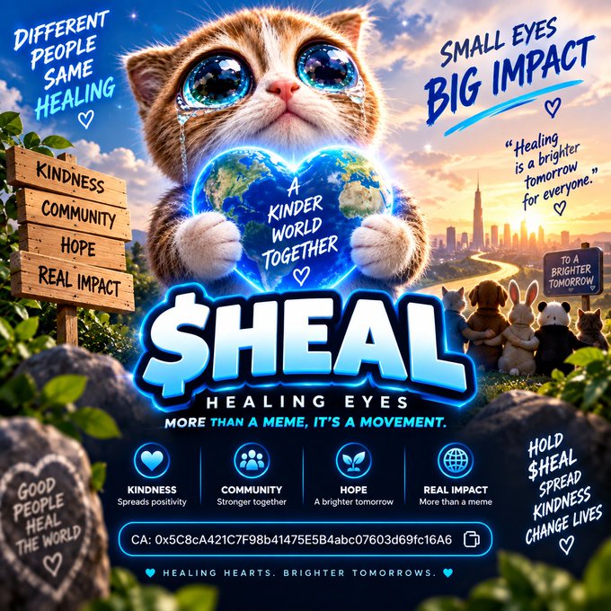 A meme/coin promotional graphic for '$HEAL - HEALING EYES' featuring a crying cartoon kitten holding a heart-shaped Earth, with slogans 'Different people same healing', 'Small eyes big impact', 'A kinder world together', and a contract address 'CA: 0x5C8cA421C7F98b41475E5B4abc07603d69fc16A6'.