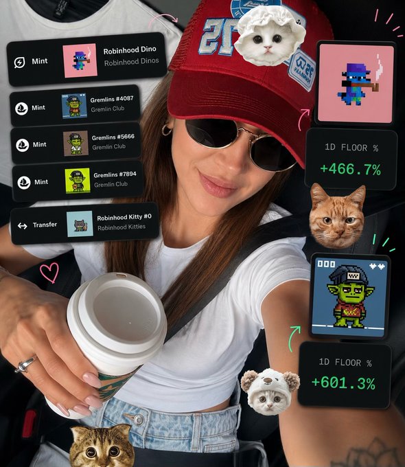 A woman in a red cap and sunglasses holds a coffee cup while surrounded by digital overlays showing Robinhood Dino, three Gremlin Club NFTs (#4087, #5666, #7894), and Robinhood Kitty #0, alongside impressive 1D floor percentage gains of +466.7% and +601.3%—perfectly capturing her celebratory "good morning" post about being early on the Robinhood Chain.