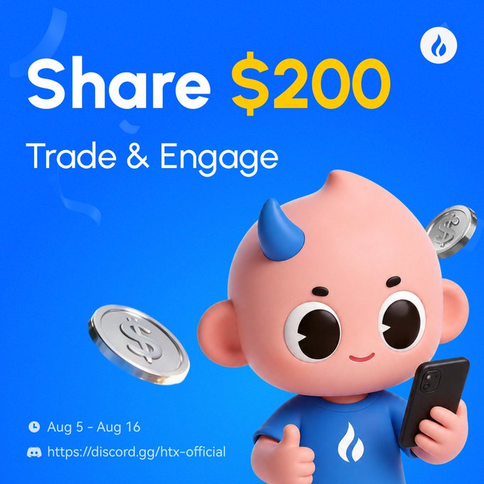 A promotional graphic featuring a cute pink horned mascot in a blue HTX shirt holding a smartphone, with floating silver coins against a blue background, advertising the "Share $200 Trade & Engage" event running Aug 5 - Aug 16 via the HTX Discord (discord.gg/htx-official).