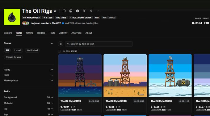 An NFT marketplace page titled 'The Oil Rigs' by MIROXIBASSA displaying various oil rig pixel art collectibles with prices listed in ETH, showing approximately 0.0194 floor price.