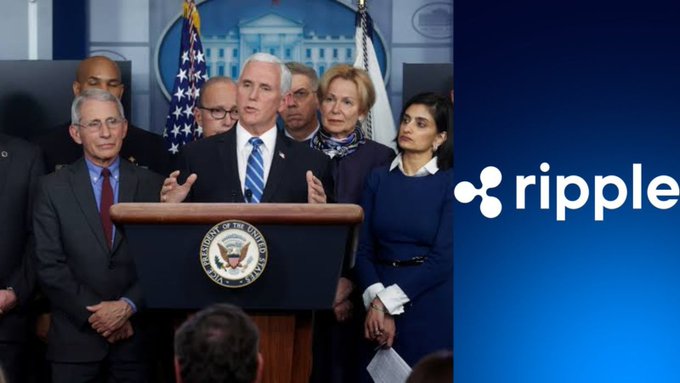 The image shows a former U.S. official at a White House podium with the Vice Presidential seal, flanked by officials, alongside the Ripple logo. The caption connects the official's endorsement in the accompanying post to Ripple/XRP's projected role in handling the massive $190 trillion global payment volume.