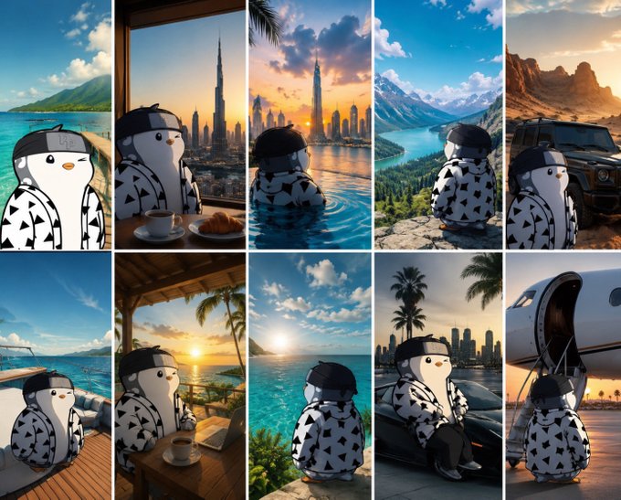 This image features a cartoon penguin character in various luxurious settings, from poolside with city views to a private jet, visually representing the aspiration of financial success hinted at in the post's "$2 stimmy airdrop" and "building an early edge" commentary.
