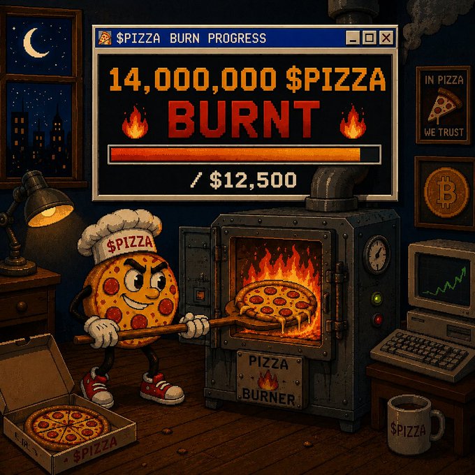 A pixel-art pizza mascot in a chef's hat places a pizza into a fiery "PIZZA BURNER" oven beneath a progress bar reading "14,000,000 $PIZZA BURNT / $12,500," visually representing the destruction and removal of 14 million $PIZZA tokens from circulation.
