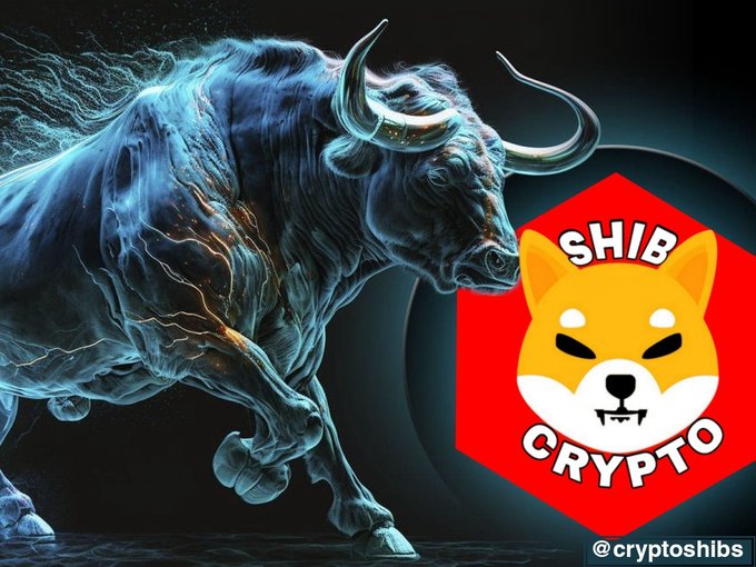 A fierce, blue-tinted bull with glowing electric energy surges forward alongside a red hexagonal "SHIB CRYPTO" logo featuring the iconic Shiba Inu face, visually reinforcing the post's optimistic message that $SHIB will come back stronger. The watermark "@cryptoshibs" appears in the bottom right corner.