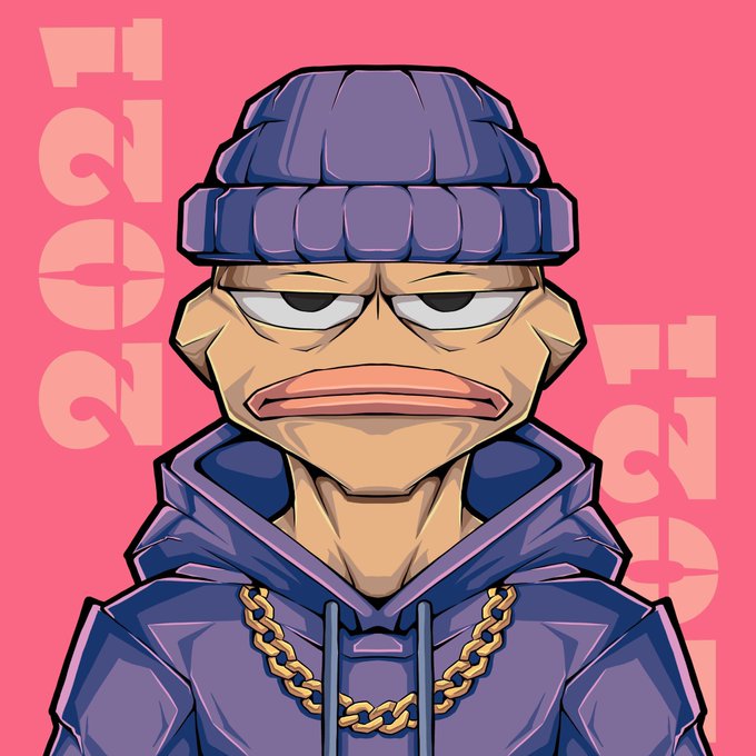 A stern-faced cartoon character wearing a purple beanie and matching hoodie with a gold chain stares forward against a pink background featuring the repeated word "free." The character's tough, "survivor" aesthetic ties into the post's giveaway celebrating 2021 NFT OGs with a free mint.