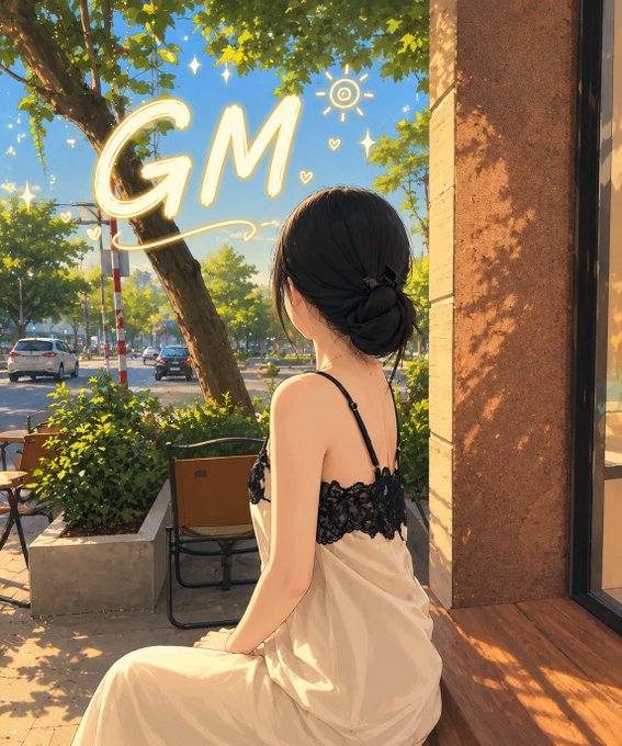 An anime-style illustration of a woman with dark hair in a white and black lace dress, sitting near a window with "GM" written in glowing yellow letters above her.