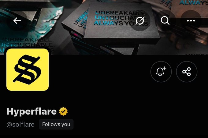 A Snapchat profile page for 'Hyperflare' with the username '@solflare' is displayed, featuring a yellow logo with an 'S' design and a banner reading 'UNBREAKABLE. UNTOUCHABLE. ALWAYS YOURS.'