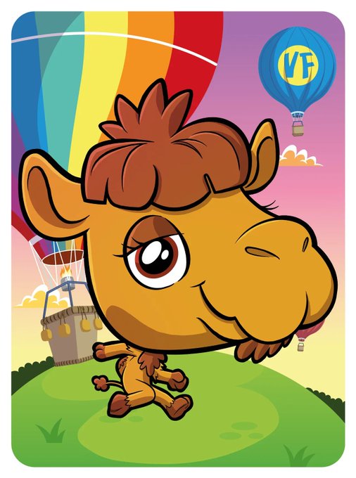 A cheerful cartoon camel walks across green hills beneath a vibrant rainbow hot air balloon, with a blue balloon in the sky displaying "VT" and a smaller "NC" balloon in the background. The whimsical illustration matches the post's playful camel theme, rallying the @CamelsNFT community to grow @Cryptodaave together.