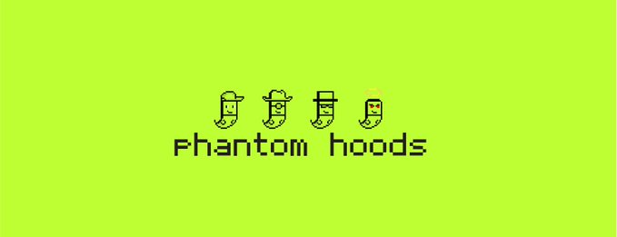 The image features a pixel-art logo on a lime green background, displaying four small ghost-like characters wearing different hats above the text "phantom hoods." This serves as a promotional graphic for the @Phantom_hoods project, which is offering a guaranteed mint phase to the top 200 CQ pass holders based on an upcoming snapshot.