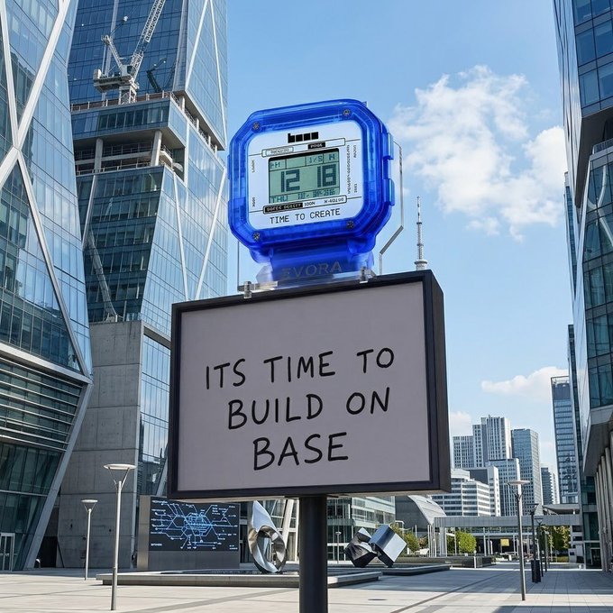 A promotional graphic showing a giant digital watch displaying '12:18 TIME TO CREATE' above a sign reading 'ITS TIME TO BUILD ON BASE,' set in an urban plaza with skyscrapers.