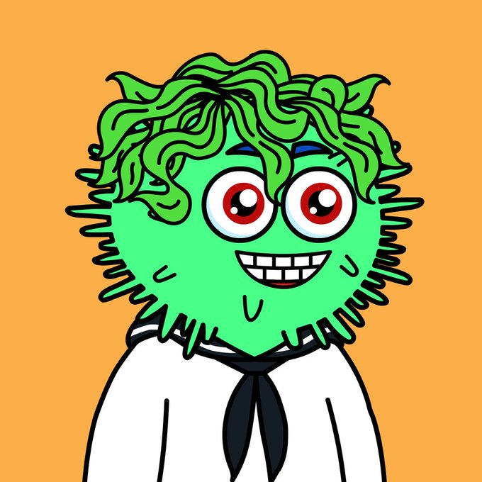 A cartoon illustration of a green, fuzzy character with snake-like hair, large red eyes, and a wide toothy grin, wearing a white shirt with a black tie, set against an orange background.