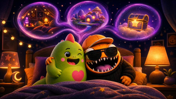 Two cute animated characters, a green dinosaur-like creature and a one-eyed monster wearing sunglasses, sitting on a bed with thought bubbles showing fantasy scenes above them.