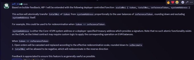 The image shows a GitHub-based proposal (HIP-1) for Hyperliquid, outlining an extension that adds a "scaleWei" deployer-controlled function with parameters `[token, systemAddress]`, which proportionally transfers token balances from `systemAddress` to users during redenomination when `token == referenceToken`.

This relates to the post announcing Hyperliquid's Season 3 airdrop ($HYPE), as HIP-1's new scaling mechanism enables flexible token redenomination—a key feature being highlighted ahead of what is being teased as the largest airdrop in web3 history.