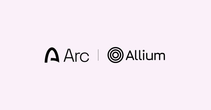 The image displays a minimalist co-branding graphic featuring the logos of "Arc" and "Allium" side by side on a light background, separated by a thin vertical line. This visual pairs with the post announcing that Allium is providing data analytics for Arc's mainnet launch, highlighting the partnership between the blockchain network and the data platform.